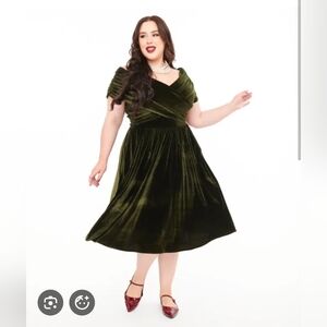 Unique Vintage Olive Velvet Wrap-Style Midi Dress